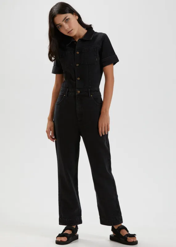 Afends Womens Zuri - Organic Denim Jumpsuit - Washed Black sold by Afends