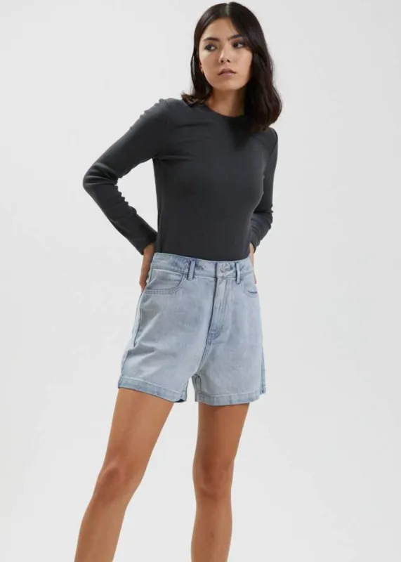 Afends Womens Seventy Threes - Hemp Washed Denim High Waisted Shorts - Vintage Blue made by Afends