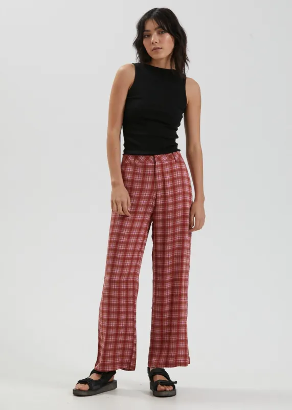 Afends Womens Janey - Recycled Check Low Rise Pants - Red made by Afends