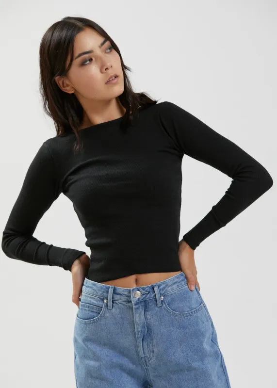 Afends Womens Peony - Hemp Ribbed Long Sleeve Top - Black sold by Afends