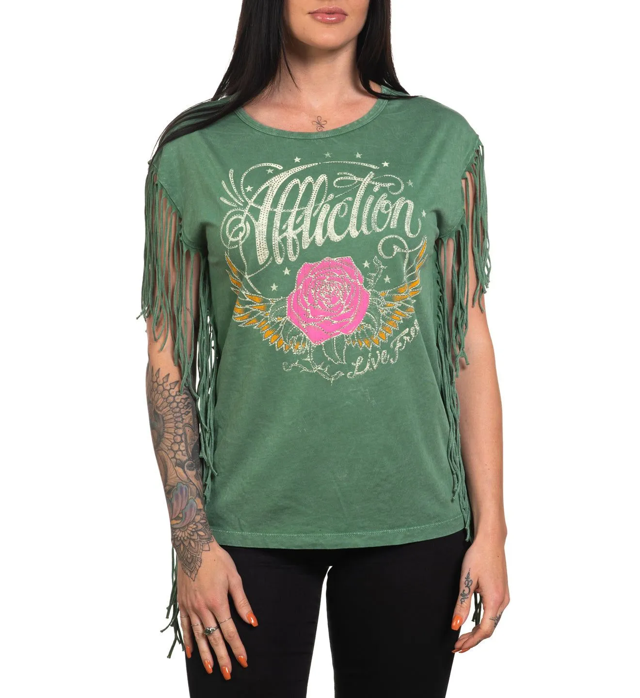 AC Rose Wings Fringe Tank sold by Affliction