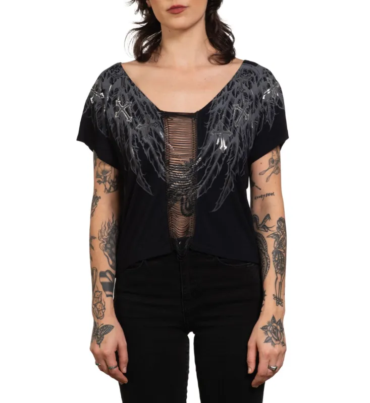 Whispering Thoughts Dolman Tee sold by Affliction