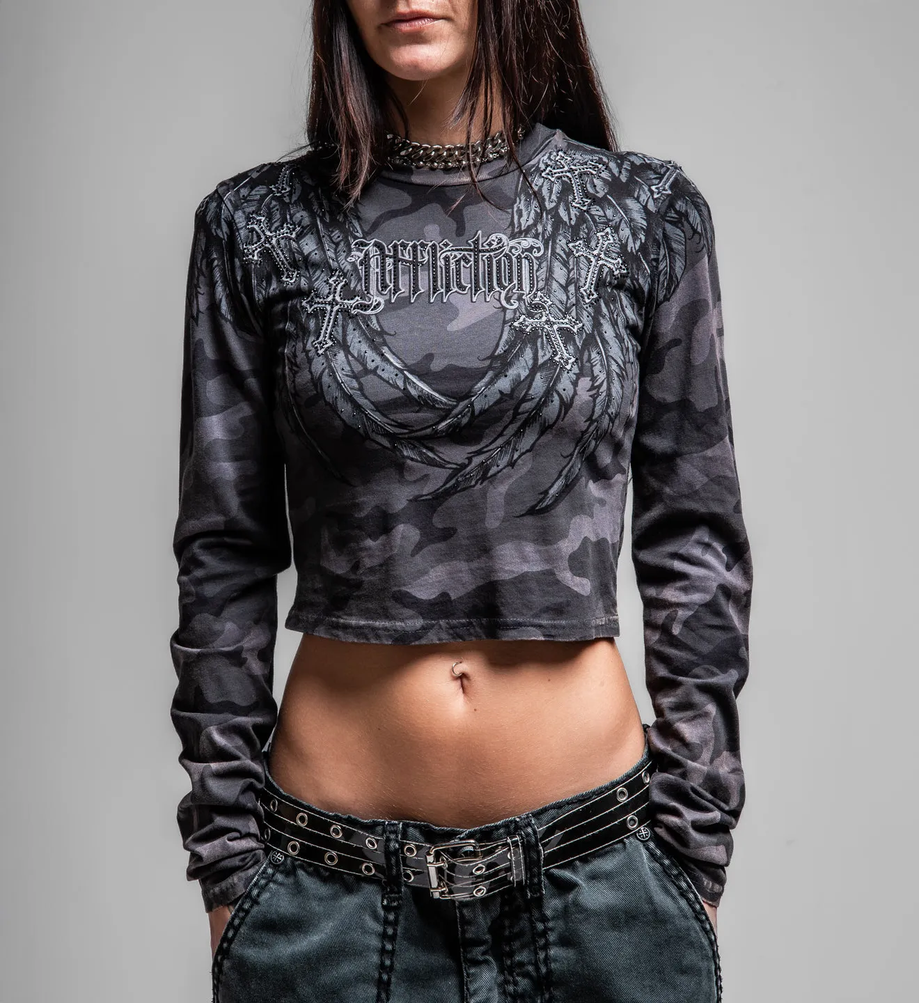 Whispering Thoughts LS Crop Tee sold by Affliction