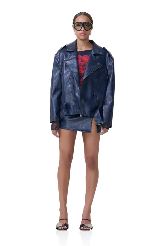 Blaise Moto Jacket - Navy Distressed sold by AFRM