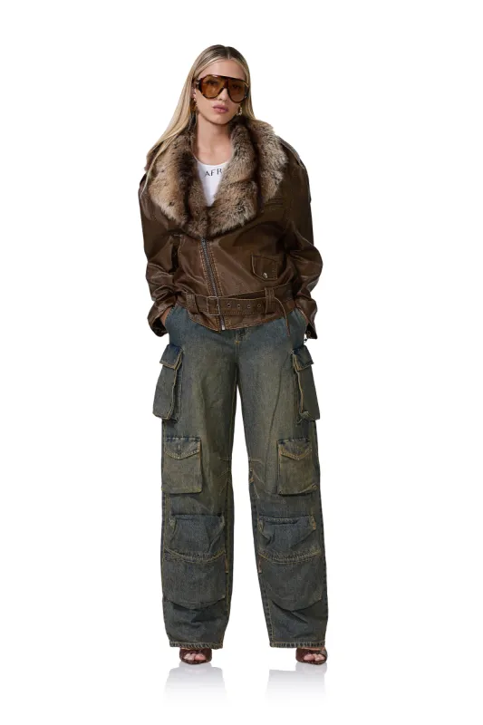 Blaise Fur Moto Jacket - Washed Brown sold by AFRM