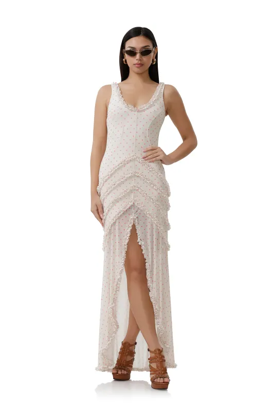 Landa Dress - Coral Micro Dot sold by AFRM