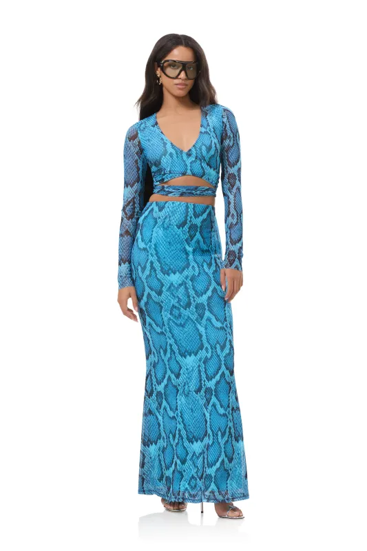 Tegan Skirt - Blue Fish Snake sold by AFRM