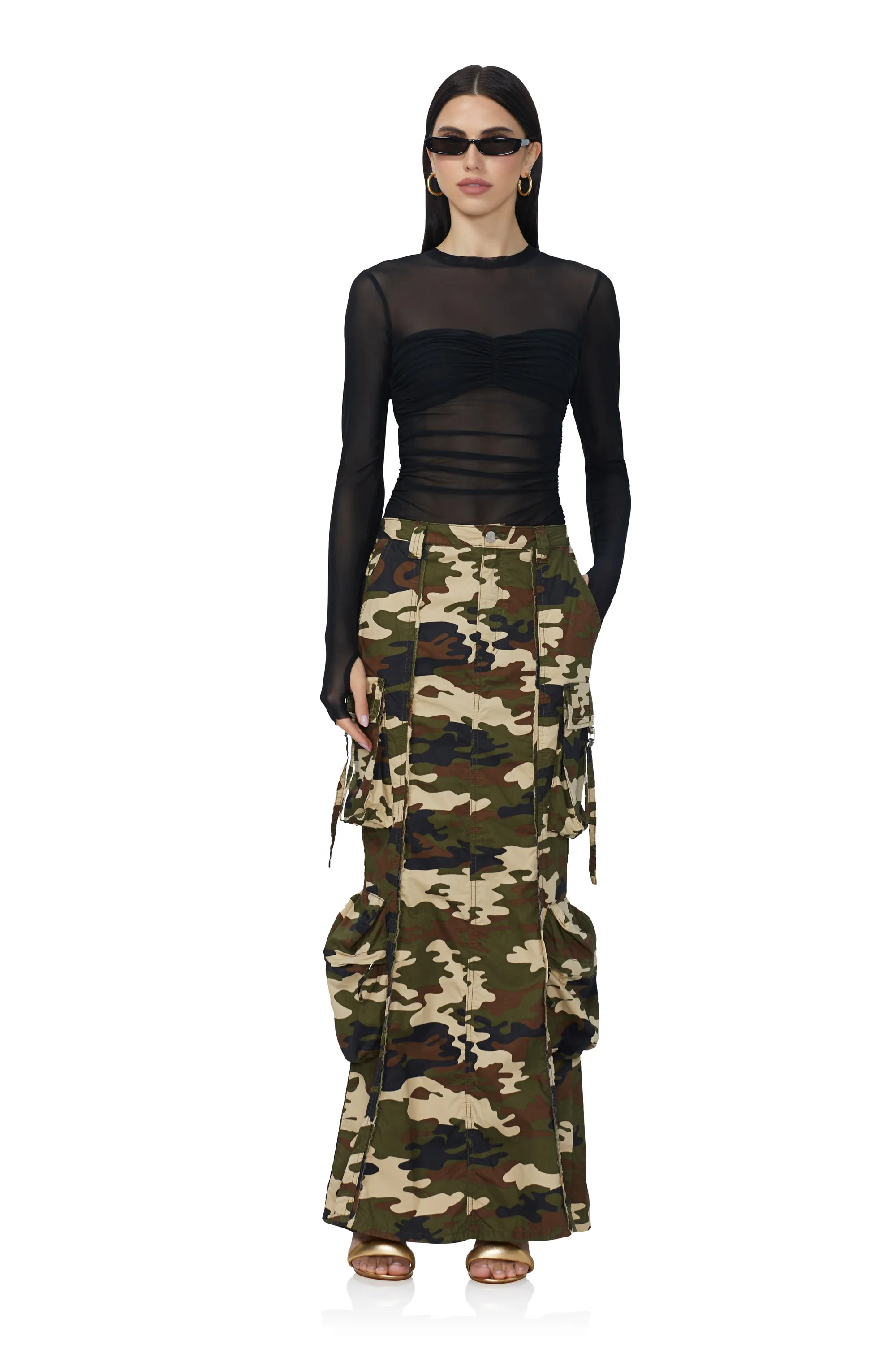 Cassie Cargo Maxi Skirt - Woodland Camo sold by AFRM