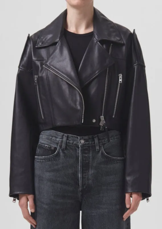 Shoreditch Ski Club x AGOLDE Remi Leather Biker Jacket in Black made by Agolde