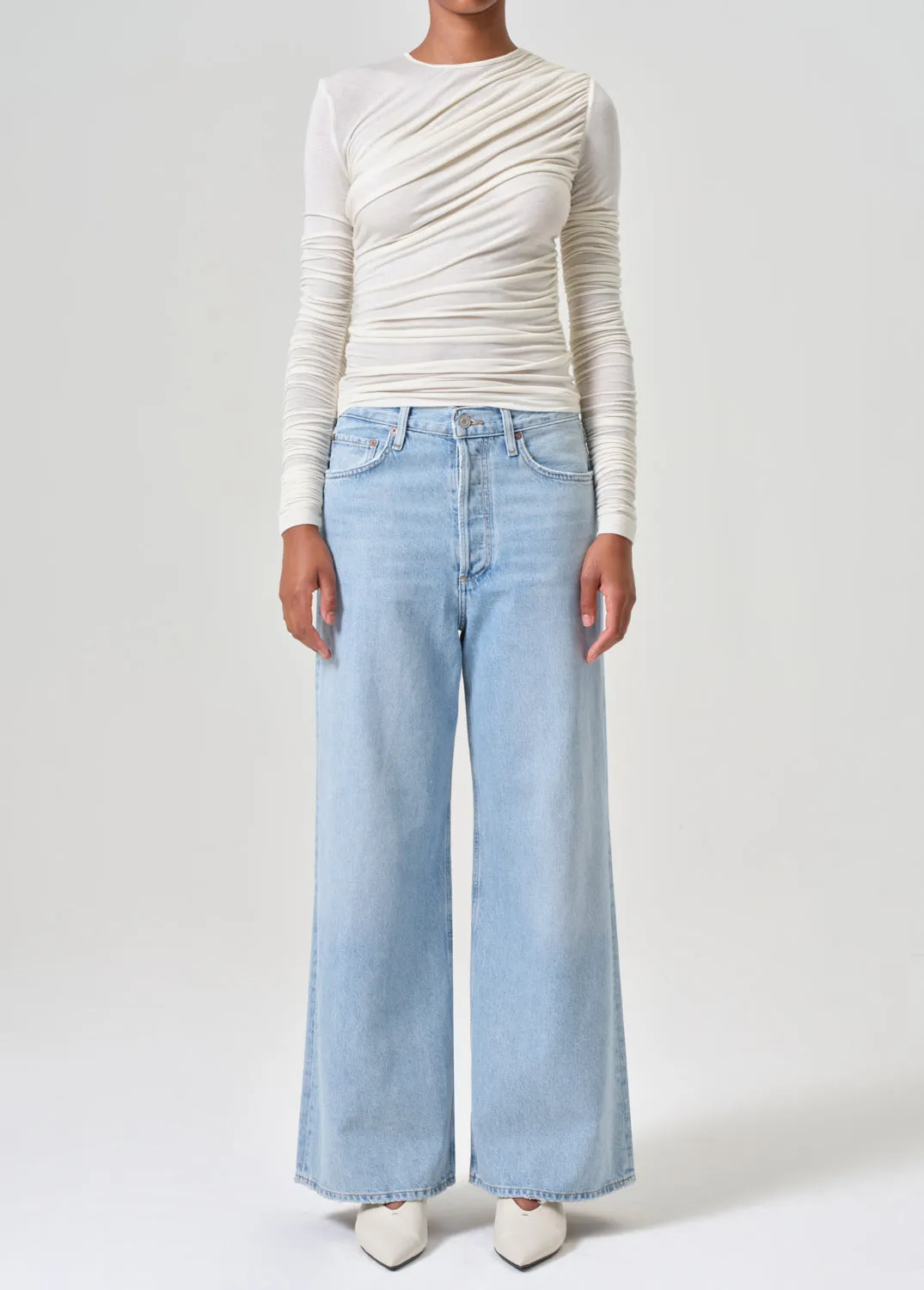 Dame High Rise Wide Leg No Cuff Petite in Conflict sold by Agolde