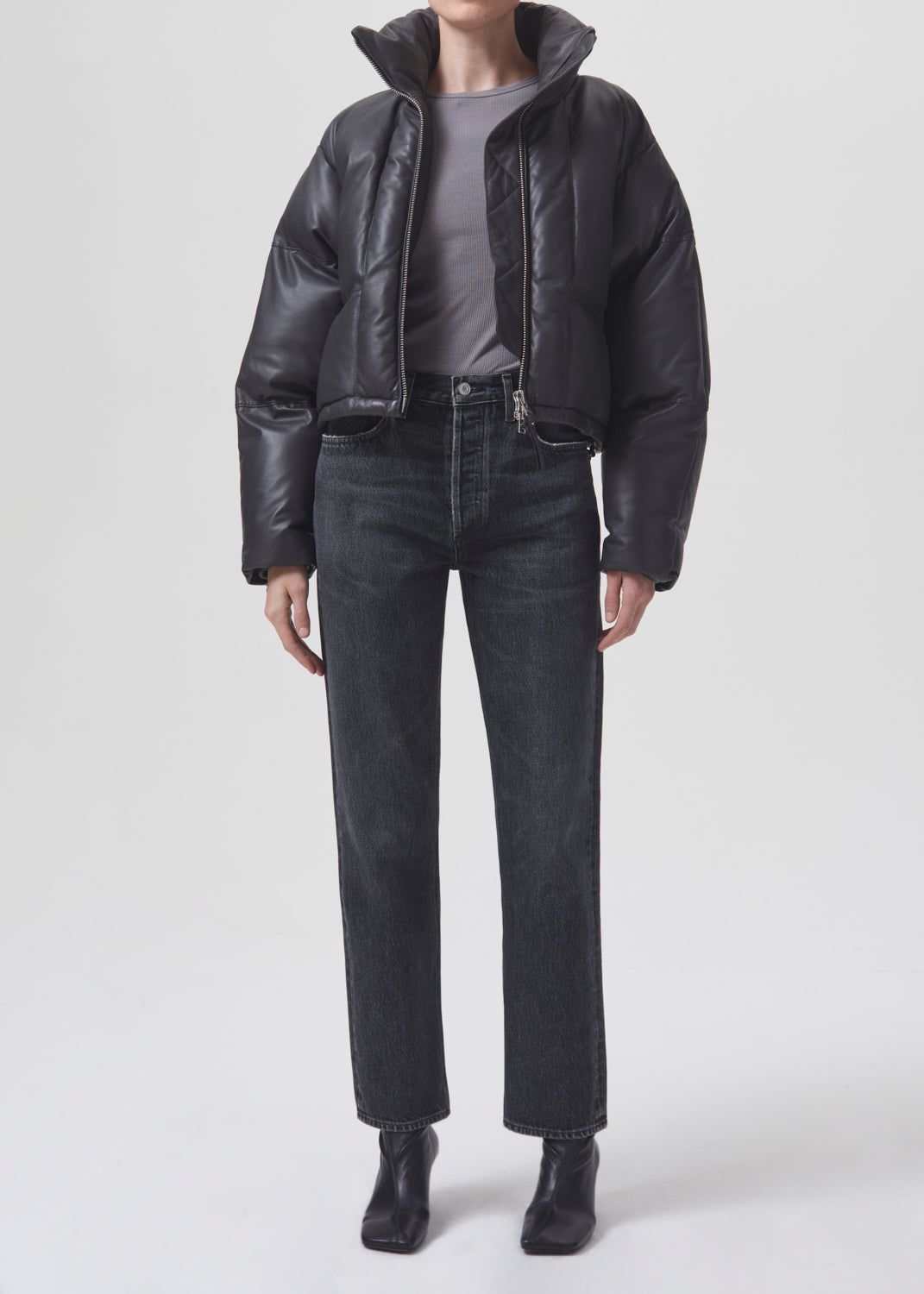 Shoreditch Ski Club x AGOLDE Edie Leather Puffer in Graphite sold by Agolde