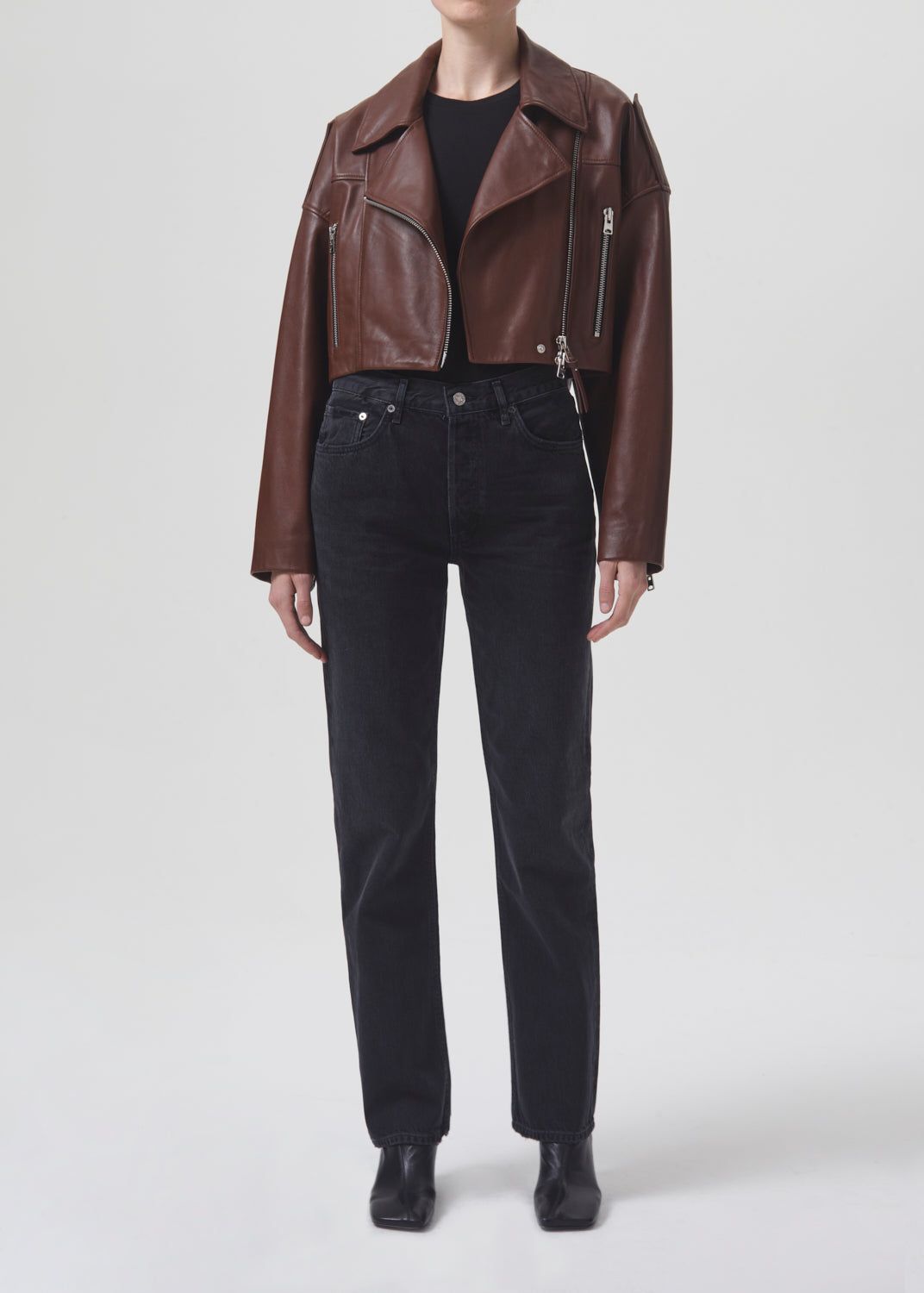 Shoreditch Ski Club x AGOLDE Remi Leather Biker Jacket in Cola sold by Agolde