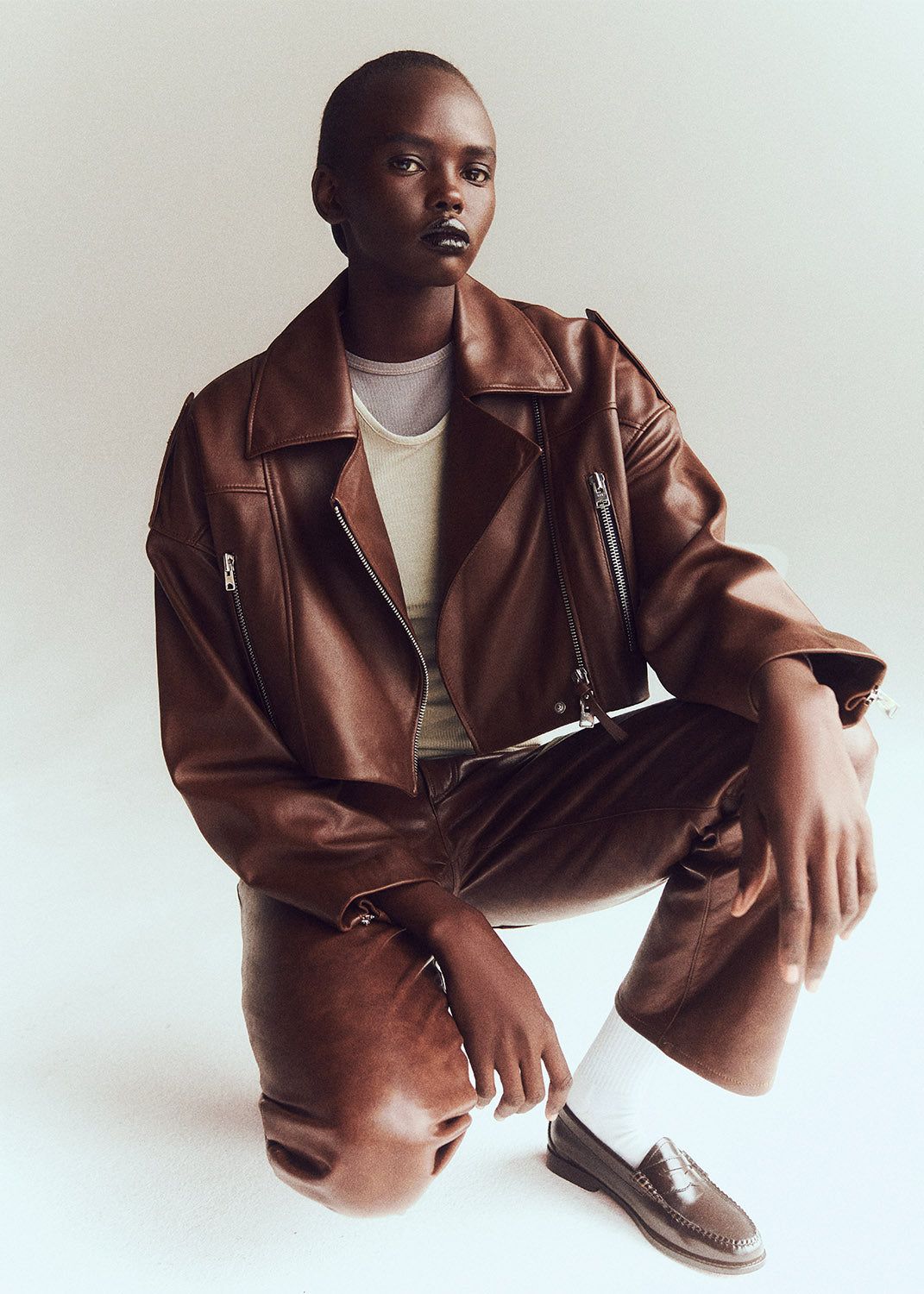 Shoreditch Ski Club x AGOLDE Remi Leather Biker Jacket in Cola sold by Agolde product image thumbnail 2