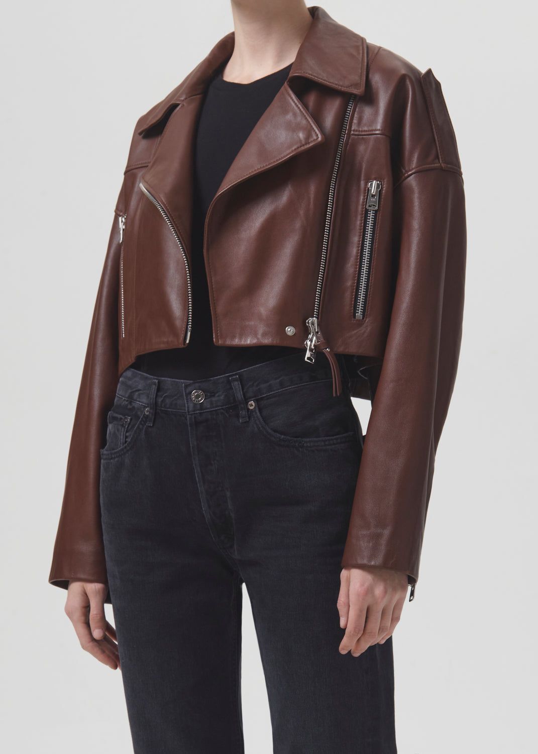 Shoreditch Ski Club x AGOLDE Remi Leather Biker Jacket in Cola sold by Agolde product image thumbnail 5