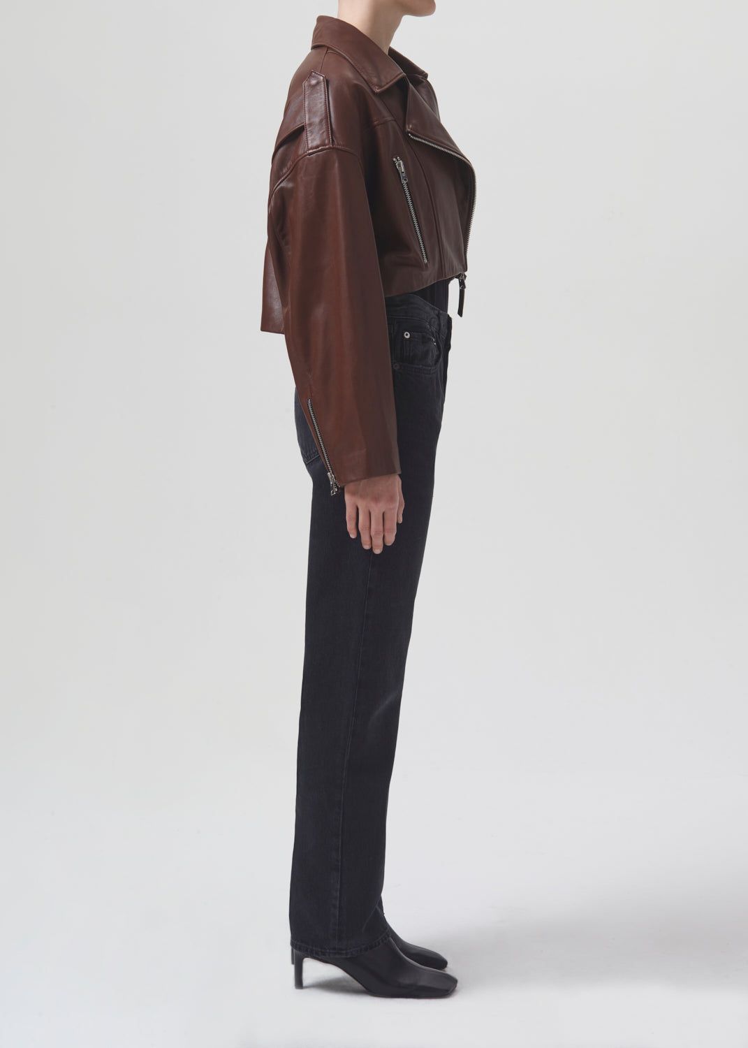 Shoreditch Ski Club x AGOLDE Remi Leather Biker Jacket in Cola sold by Agolde product image thumbnail 3