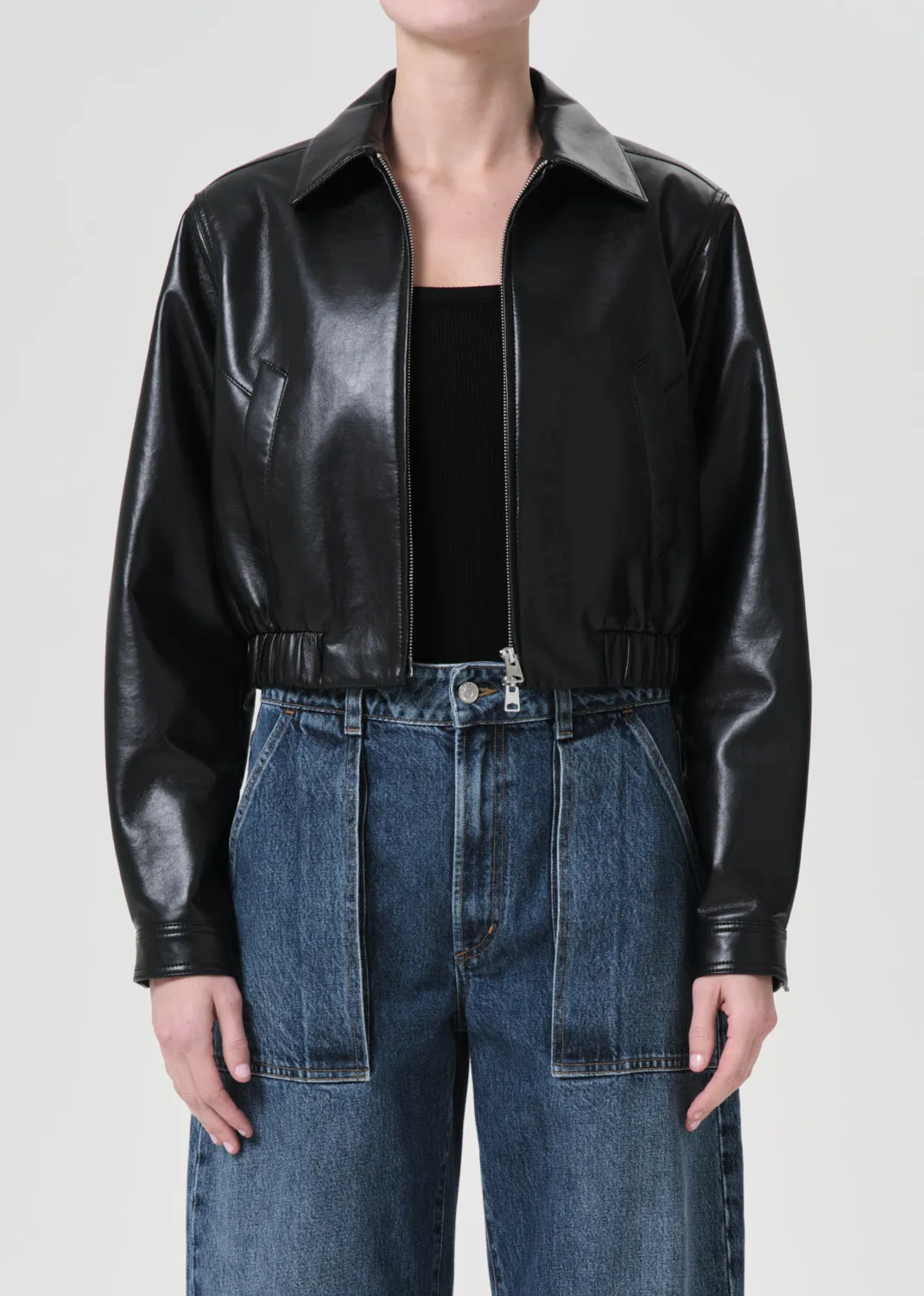 Essie Recycled Leather Cropped Jacket in Black sold by Agolde