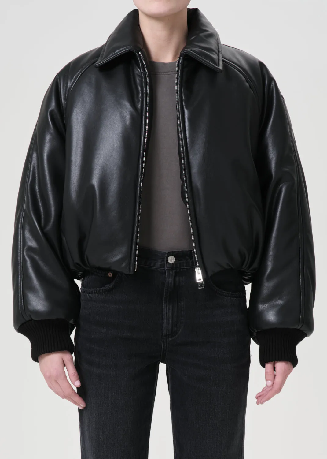 Shoreditch Ski Club x AGOLDE Tate Padded Vegan Leather Bomber in Black sold by Agolde