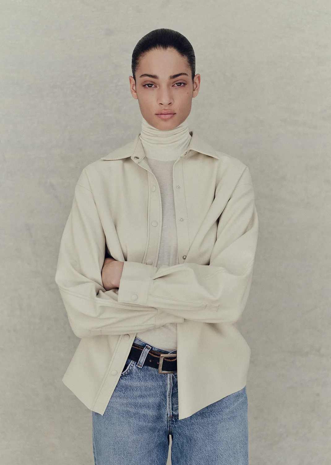 Aylin Vegan Leather Shirt in Powder sold by Agolde