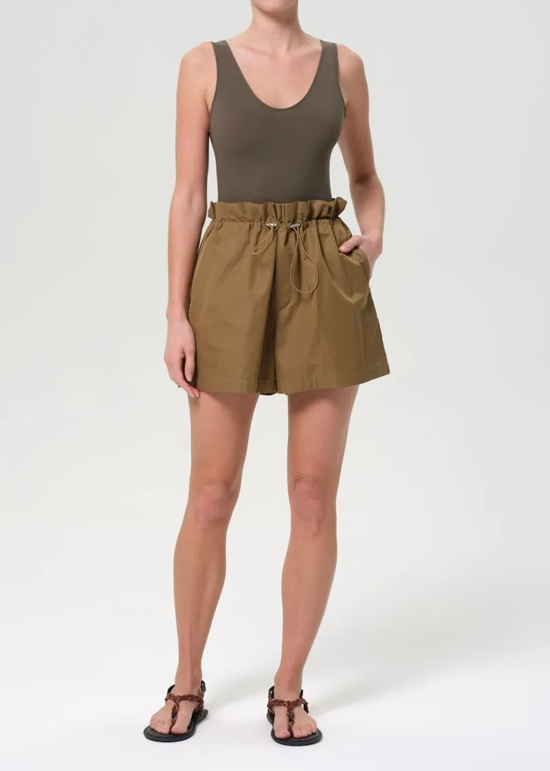 Lydia Pull On Gather Short in Khaki sold by Agolde