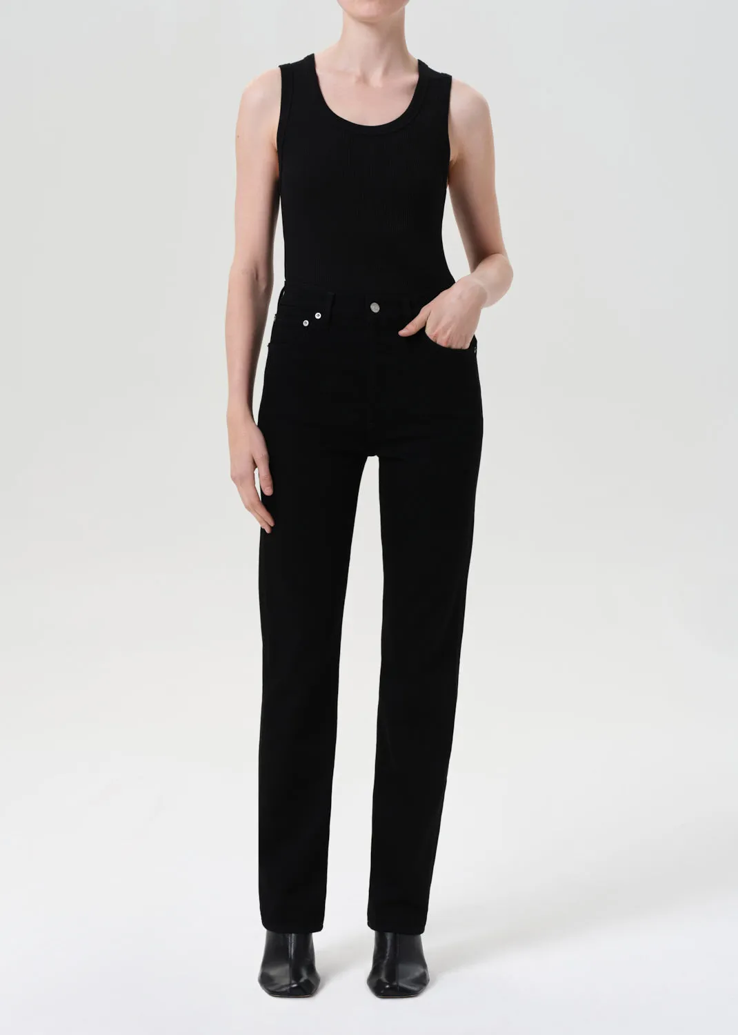 90's Pinch Waist High Rise Straight Long (Comfort Stretch) in Cover sold by Agolde