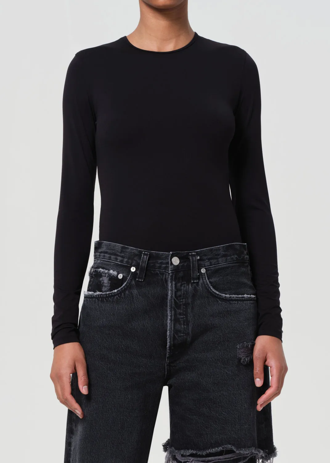 Aura Long Sleeve Bodysuit in Black sold by Agolde