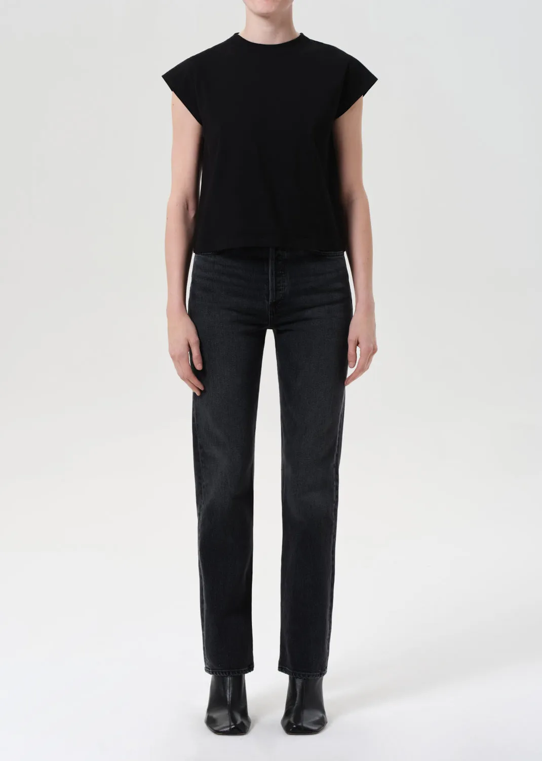 90's Pinch Waist High Rise Straight Long (Weightless Stretch) in Radius sold by Agolde