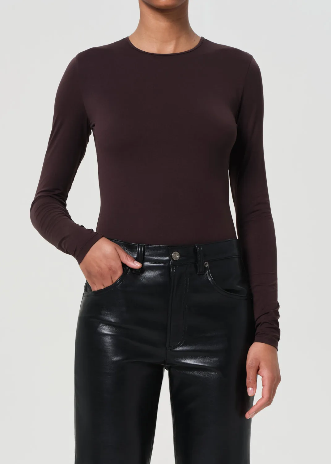 Aura Long Sleeve Bodysuit in Chocolate sold by Agolde