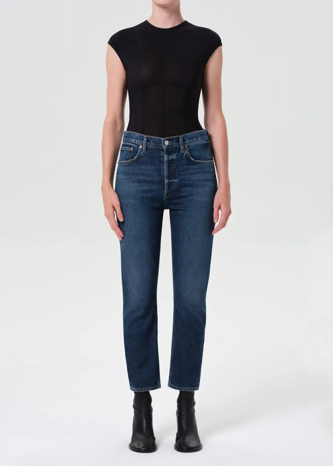 Riley High Rise Straight Crop (STRETCH) in Slick sold by Agolde