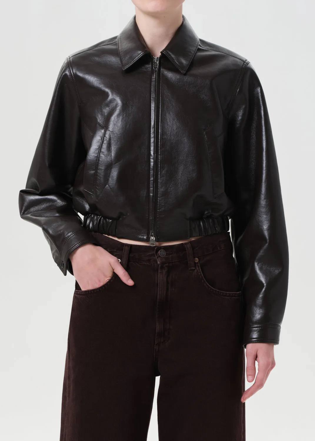 Essie Recycled Leather Cropped Jacket in Chocolate sold by Agolde