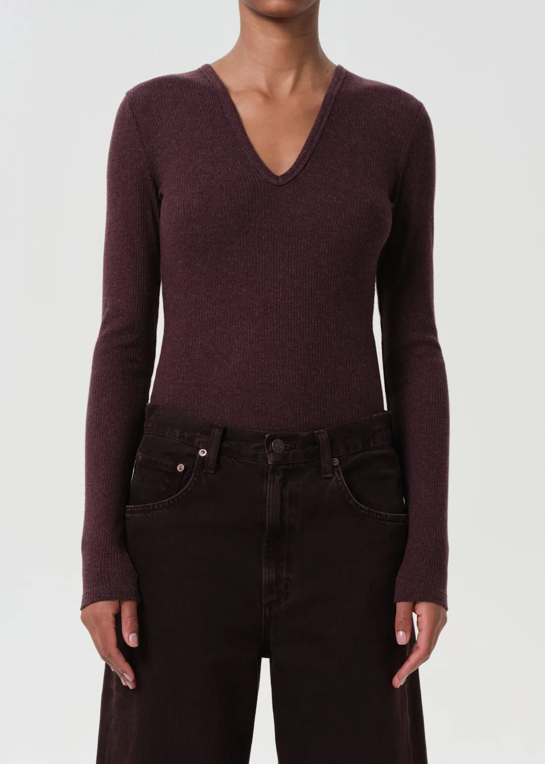 Darla Double V Bodysuit in Raisin sold by Agolde
