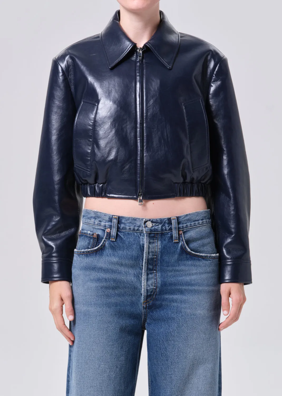 Nahla Cropped Jacket (Recycled Leather) in Navy sold by Agolde