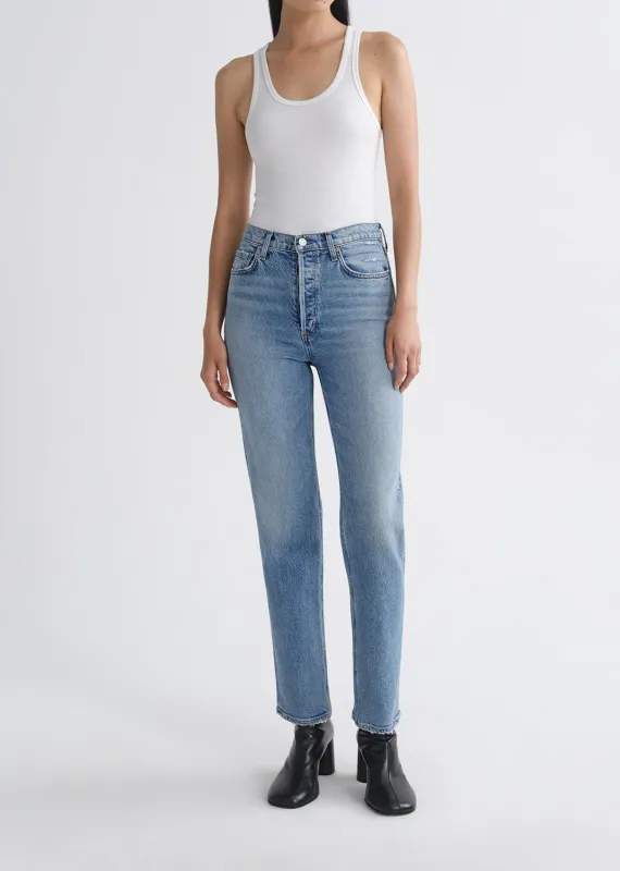90's Pinch Waist High Rise Straight Long (Weightless Stretch) in Renew made by Agolde