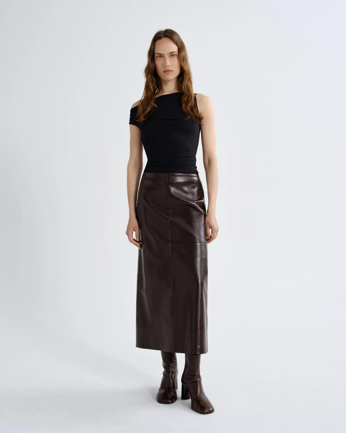 Hikson Skirt (Recycled Leather) in Madera sold by Agolde