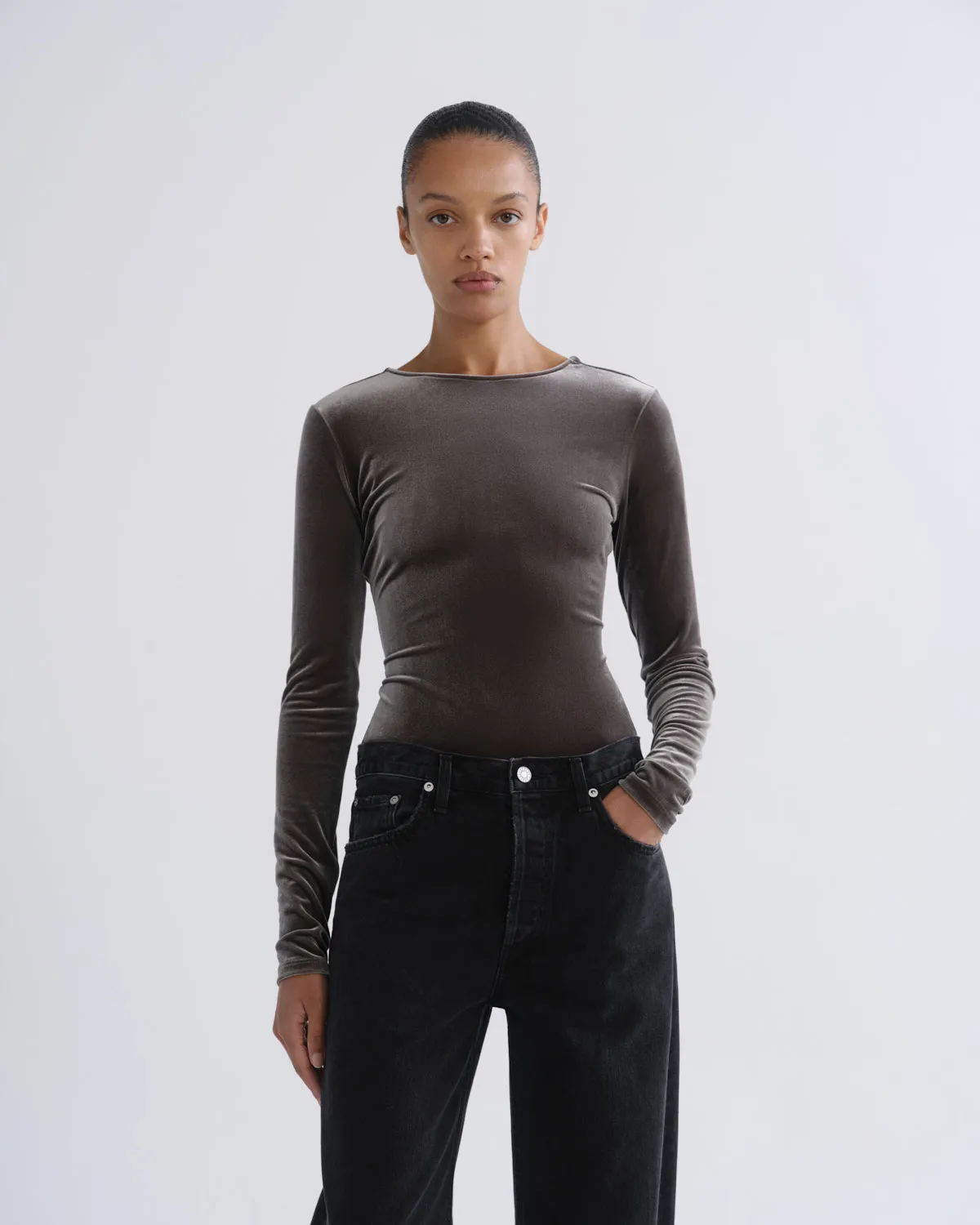 Corrin Scoop Back Bodysuit (Velvet) in Truffle sold by Agolde