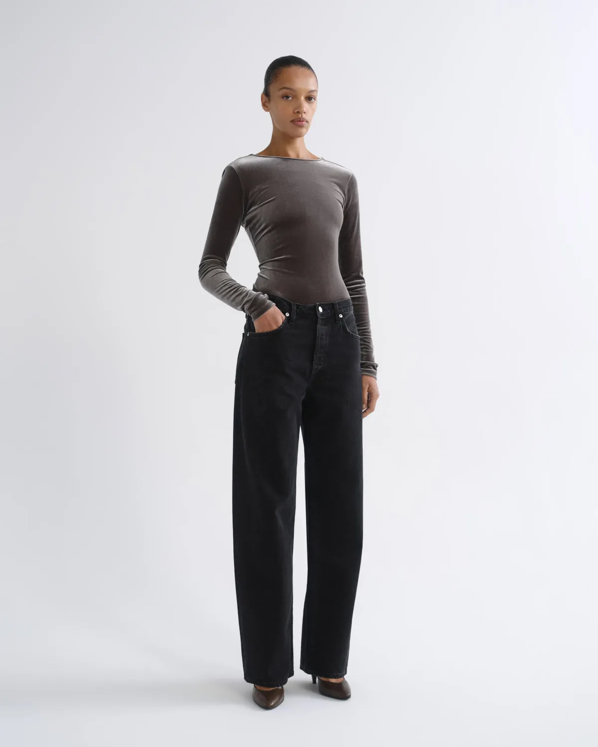 Corrin Scoop Back Bodysuit (Velvet) in Truffle sold by Agolde product image thumbnail 5