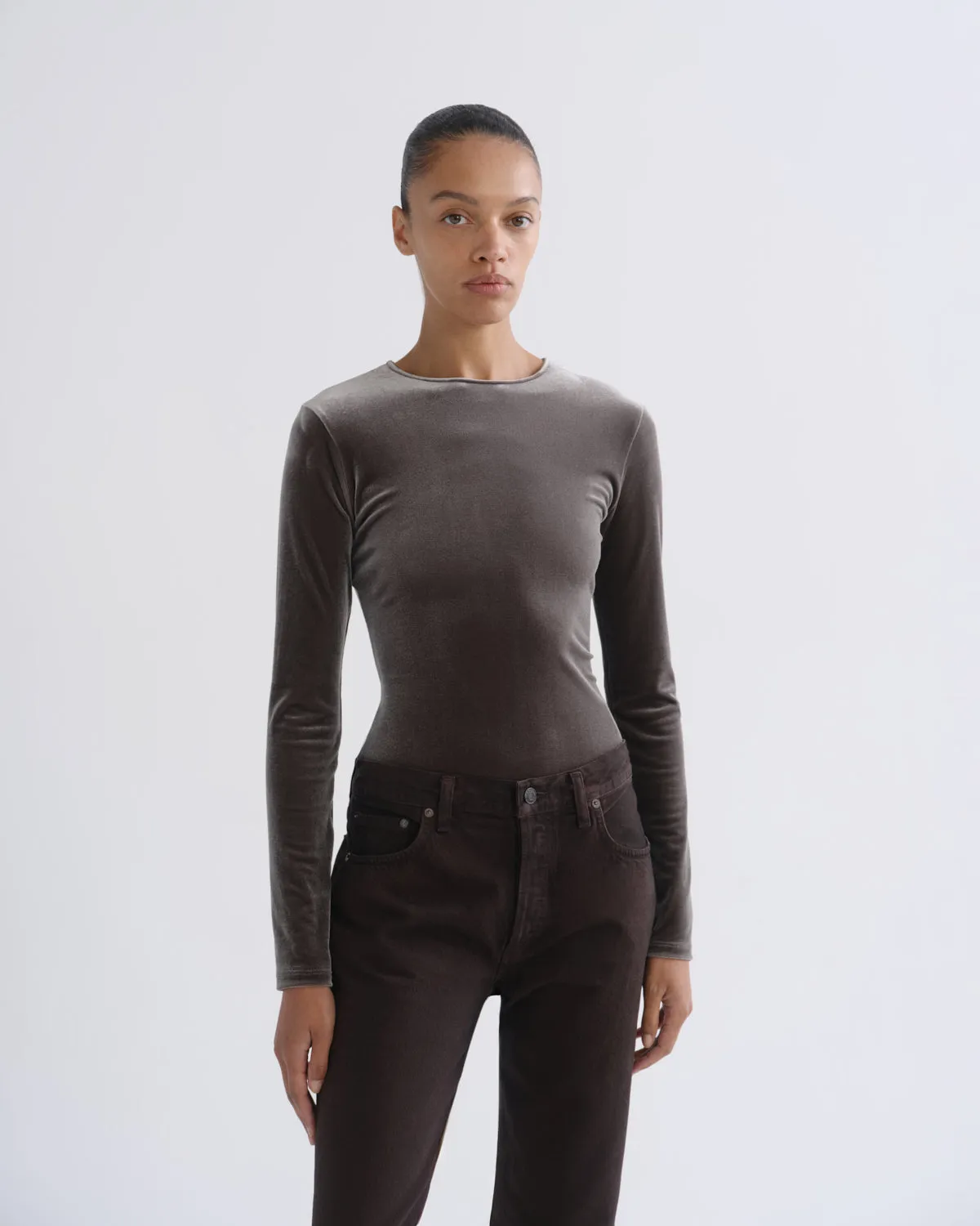 Aura Long Sleeve Bodysuit (Velvet) in Truffle sold by Agolde