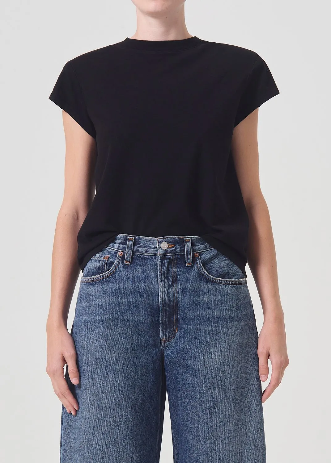 Bryce Shoulder Pad Tee in Black sold by Agolde