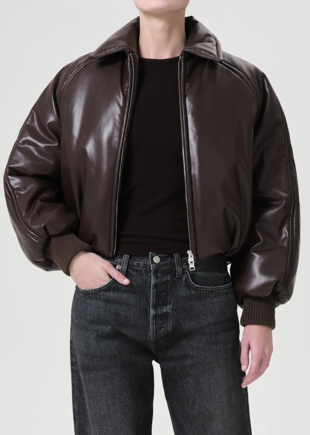 Shoreditch Ski Club x AGOLDE Tate Padded Vegan Leather Bomber in Espresso sold by Agolde product image thumbnail 2