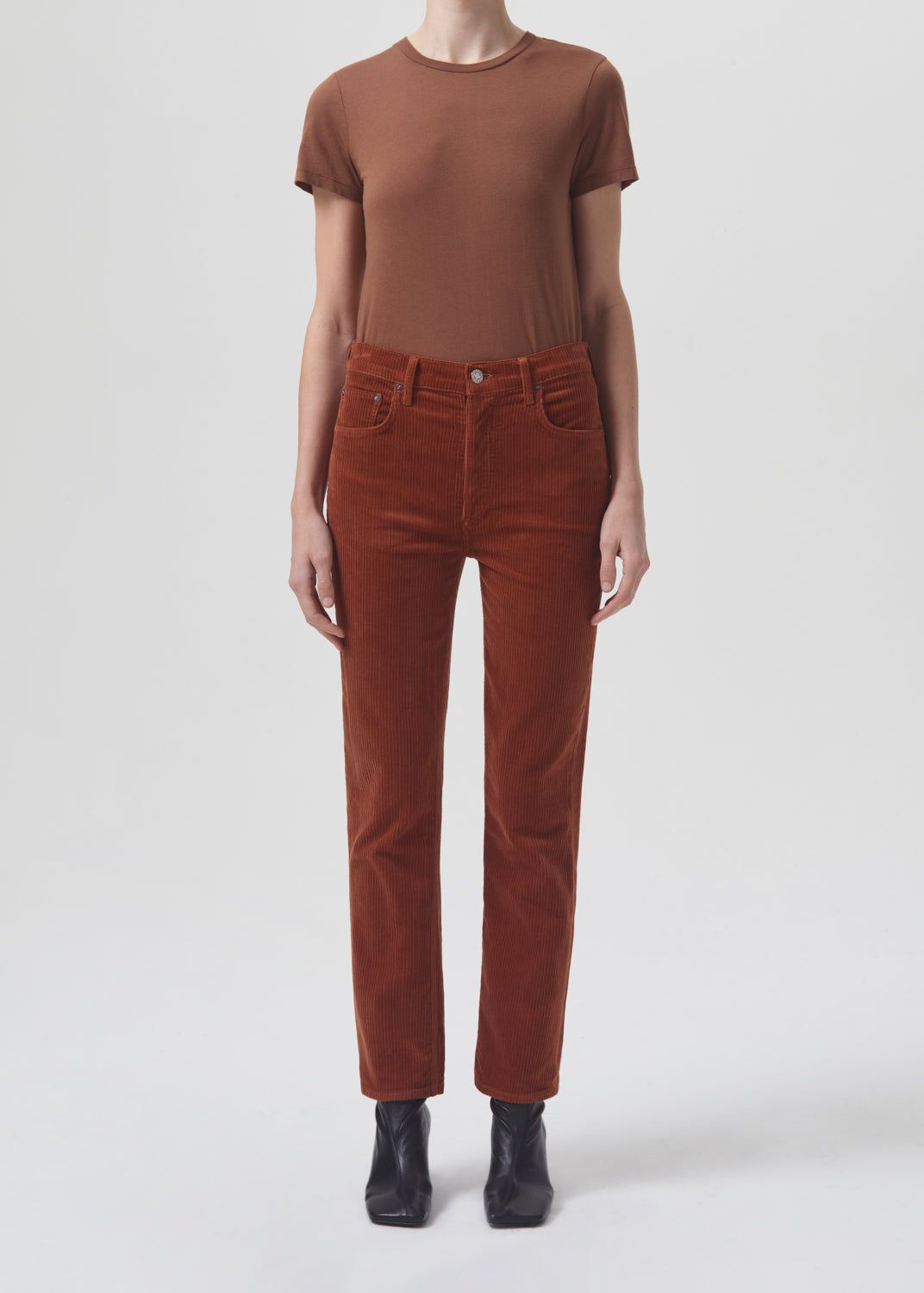 Riley Long High Rise Straight (Corduroy) in Saddle sold by Agolde