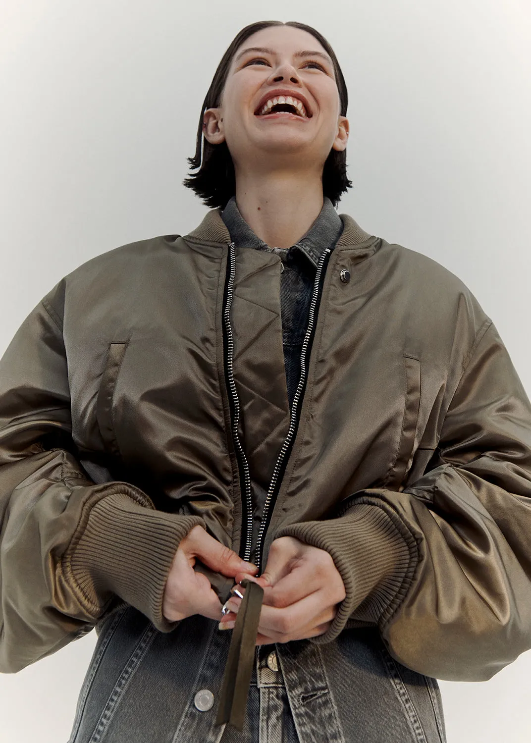 Shoreditch Ski Club x AGOLDE Jett Bomber Jacket in Sage sold by Agolde