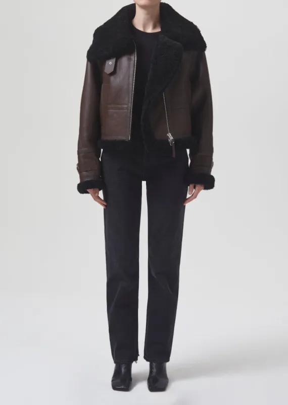 Shoreditch Ski Club x AGOLDE Lola Shearling Jacket in Chocolate Black sold by Agolde