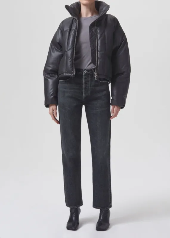Shoreditch Ski Club x AGOLDE Edie Leather Puffer in Graphite made by Agolde