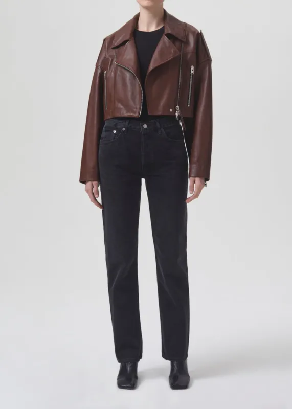 Shoreditch Ski Club x AGOLDE Remi Leather Biker Jacket in Cola made by Agolde