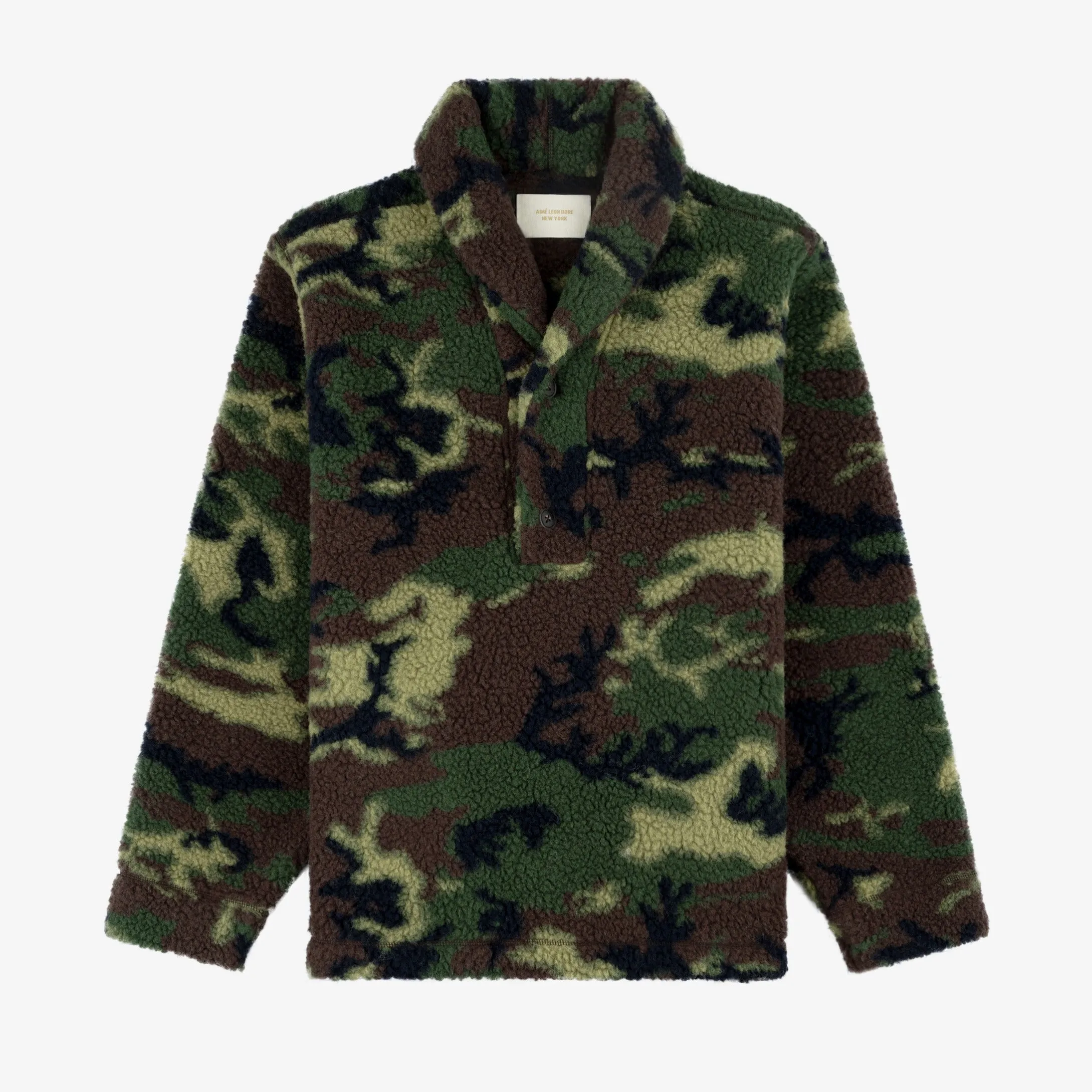 Camo Shawl Collar Fleece Pullover sold by Aime Leon Dore