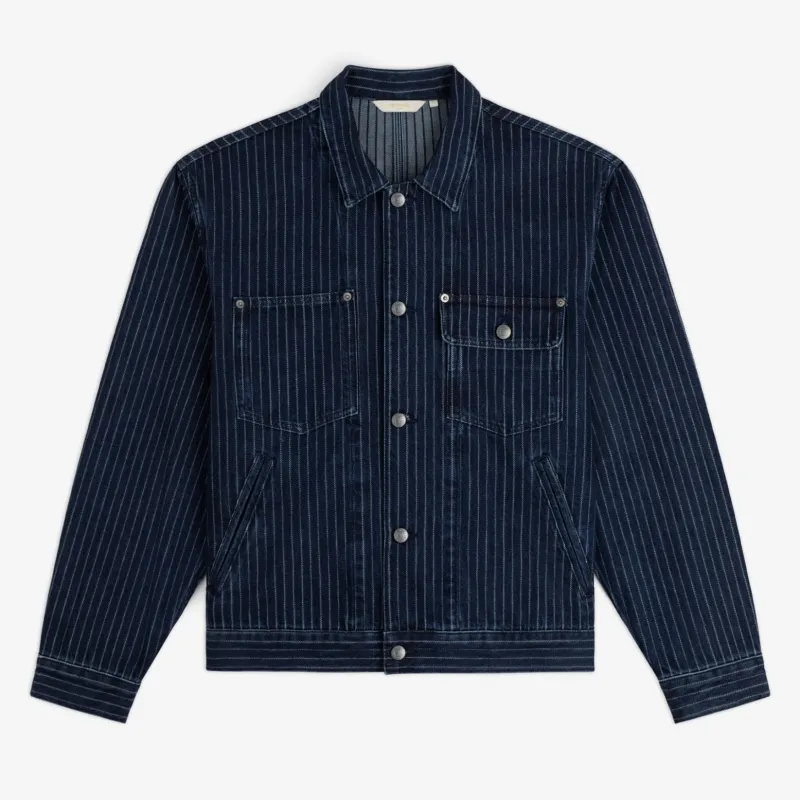 Chalk Stripe Denim Trucker Jacket made by Aime Leon Dore
