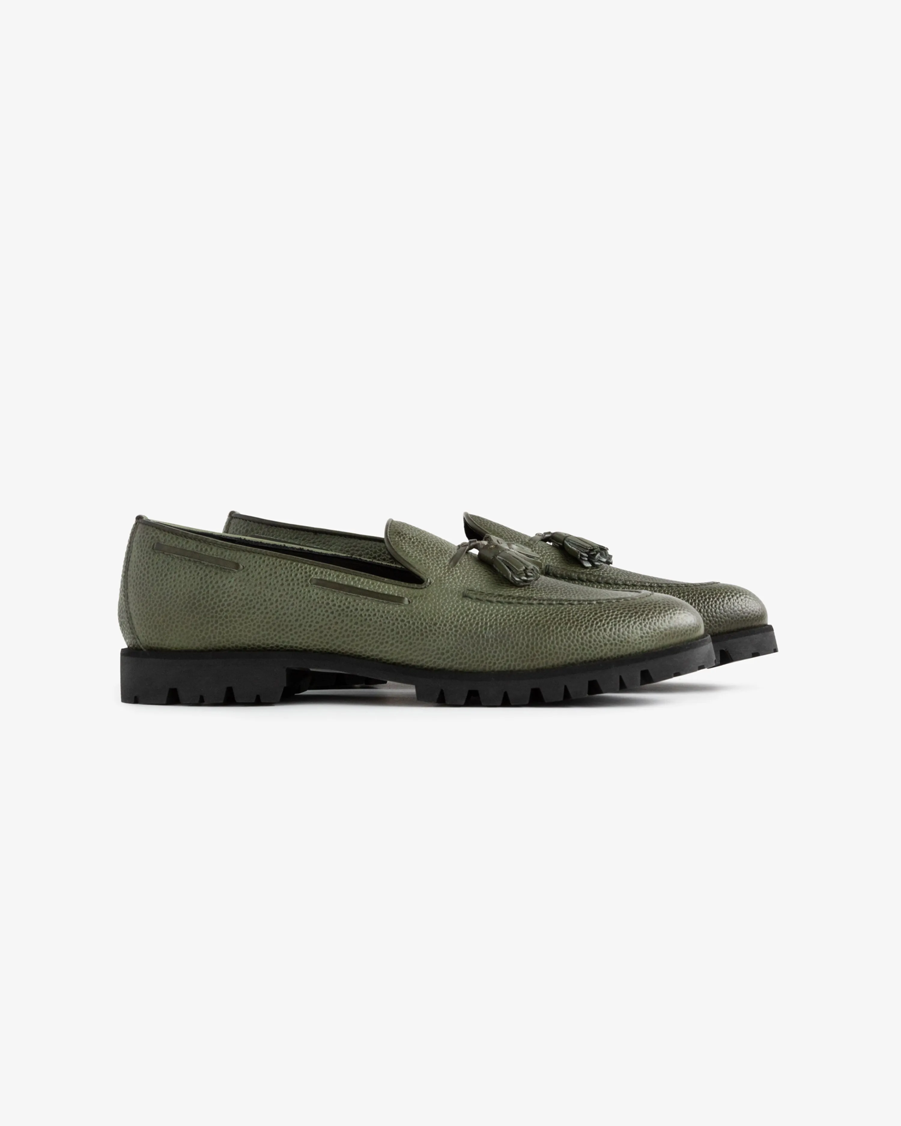 YUKETEN leather tassel loafer shoes 7C 緑 Handcrafted Green Leather Tassel Loafers for Men – Stylish