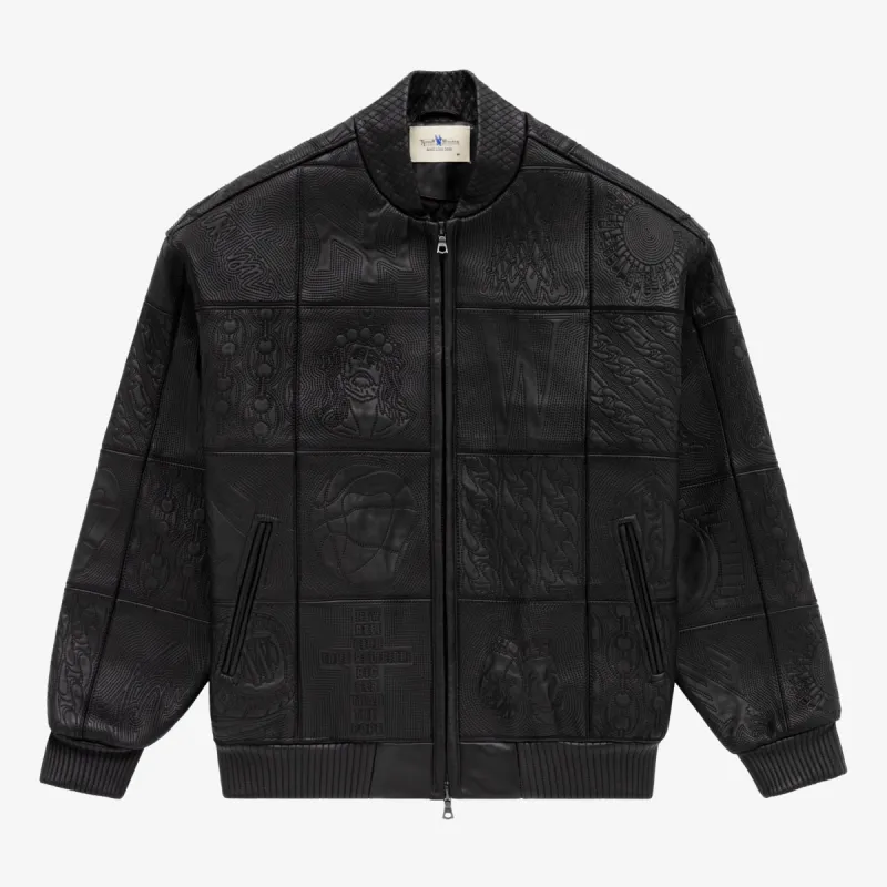 Embroidered Leather Bomber made by Aime Leon Dore