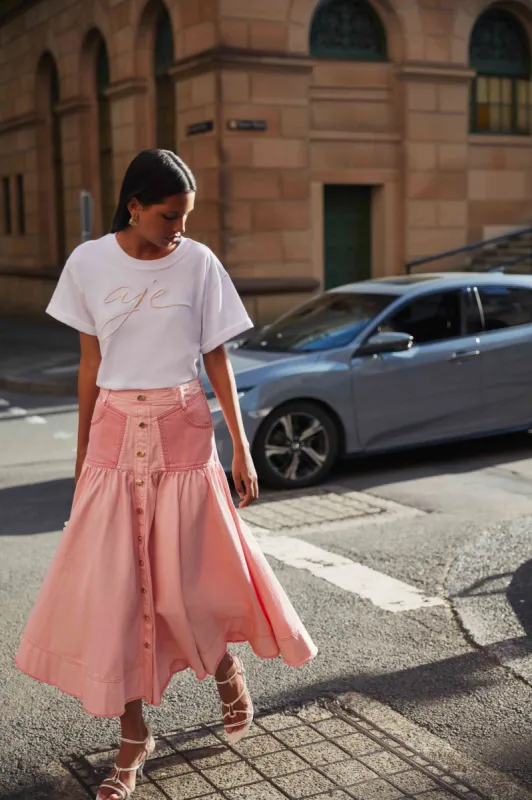 Shades Pink Denim Midi Skirt made by Aje