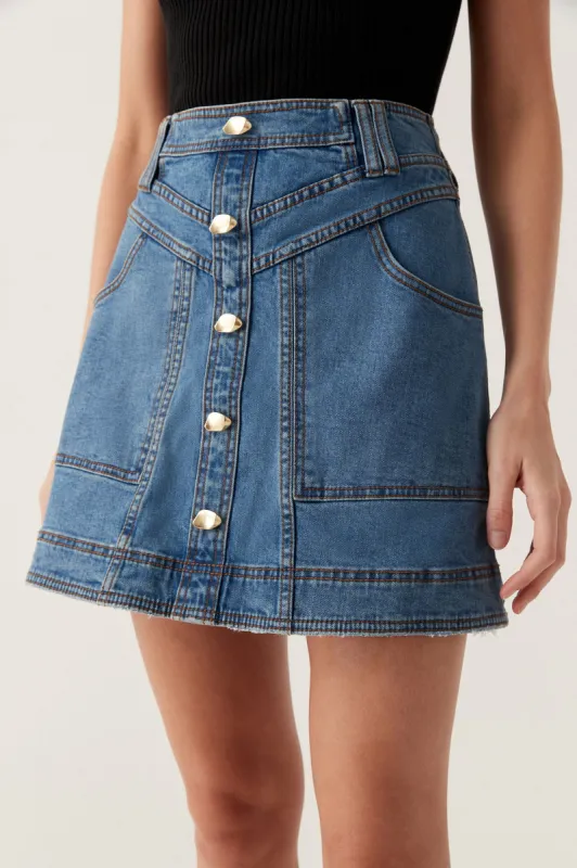 Belmond Denim Mini Skirt sold by Aje