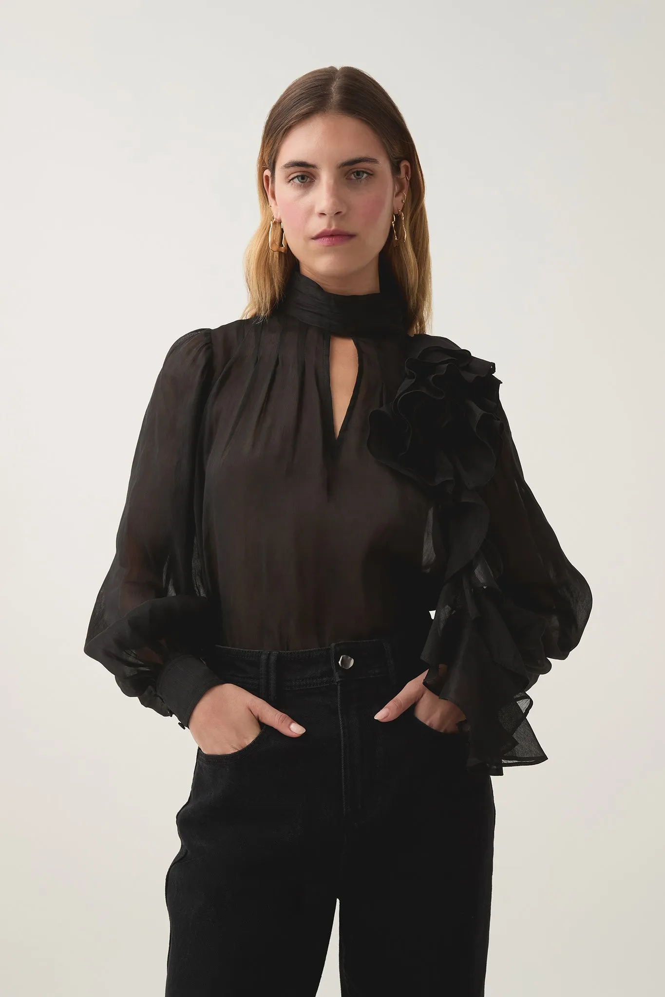Aura Frilled Tie Blouse sold by Aje